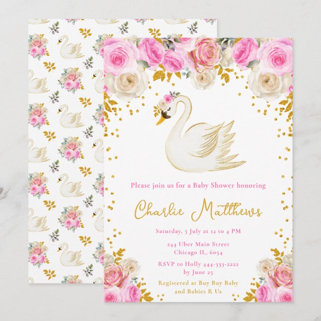 Swan Pink and Gold Roses Baby Shower Invitation (Front/Back)