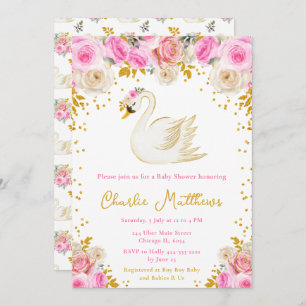 Swan Pink and Gold Roses Baby Shower Invitation