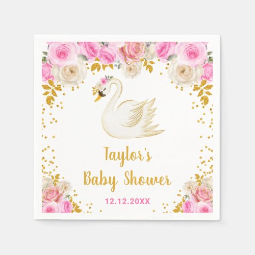 Swan Pink and Gold Roses Baby Shower Napkins