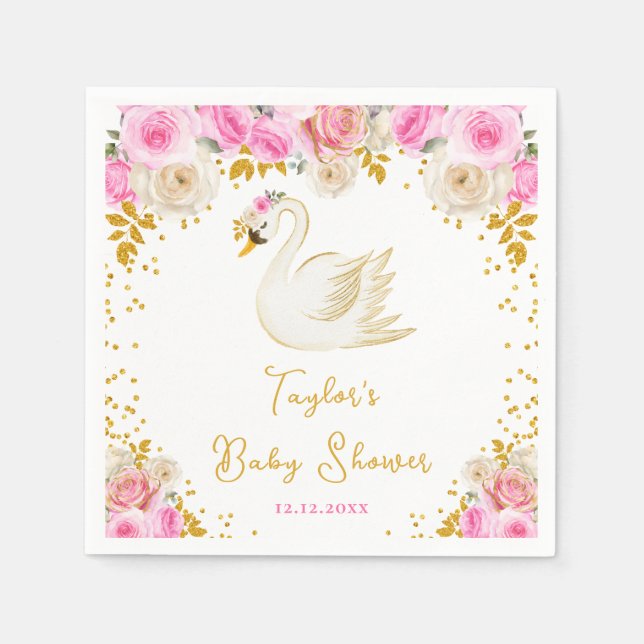 Swan Pink and Gold Roses Baby Shower Napkins (Front)