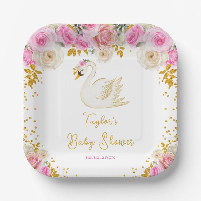 Swan Pink and Gold Roses Baby Shower Paper Plates (Front)
