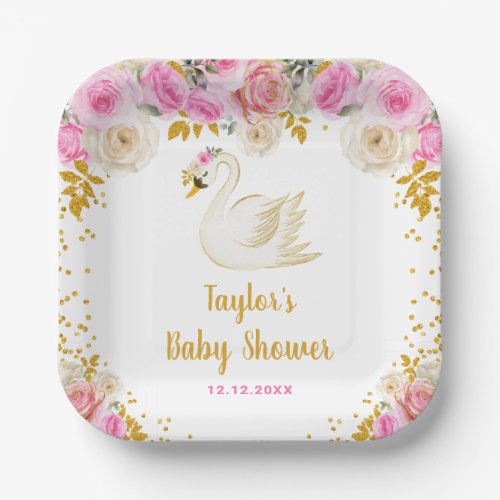 Swan Pink and Gold Roses Baby Shower Paper Plates