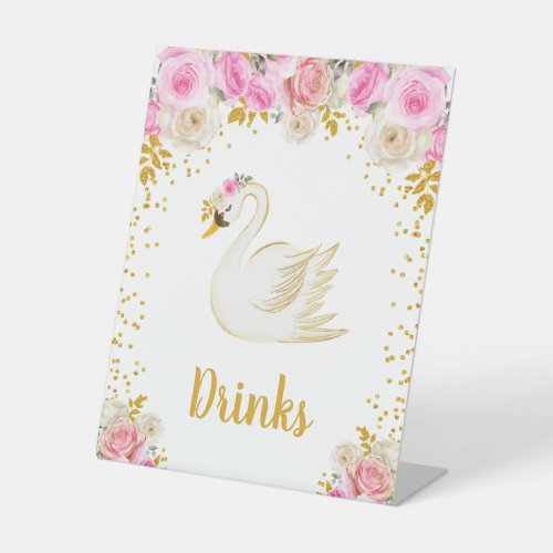 Swan Pink and Gold Roses Baby Shower Pedestal Sign