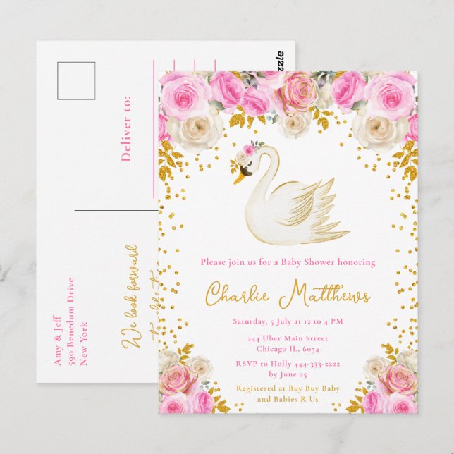 Swan Pink and Gold Roses Baby Shower Postcard (Front/Back)