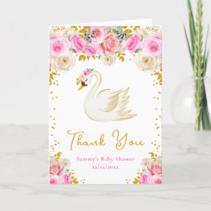Swan Pink and Gold Roses Baby Shower Thank You Card