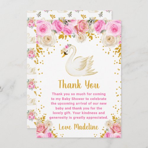Swan Pink and Gold Roses Baby Shower Thank You Card