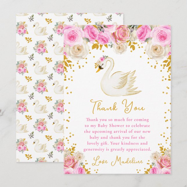 Swan Pink and Gold Roses Baby Shower Thank You Card (Front/Back)