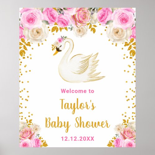 Swan Pink and Gold Roses Baby Shower Welcome Poster