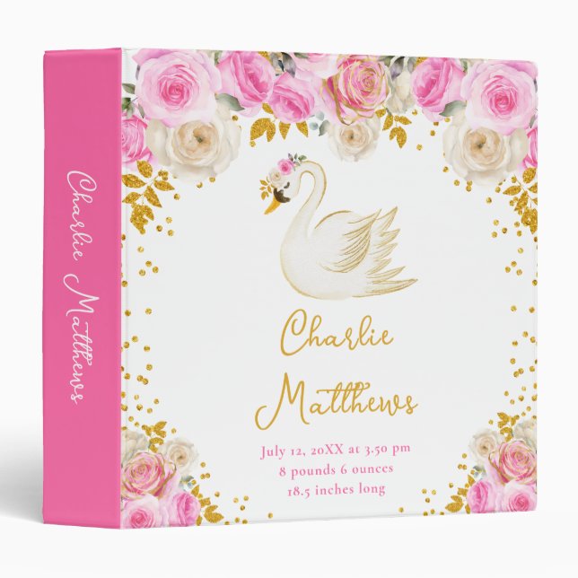 Swan Pink and Gold Roses Birth Statistics 3 Ring Binder (Front/Spine)