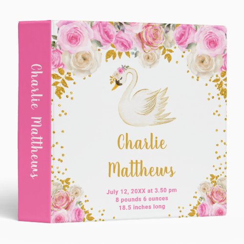 Swan Pink and Gold Roses Birth Statistics 3 Ring Binder