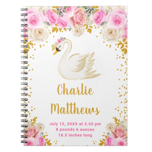 Swan Pink and Gold Roses Birth Statistics Notebook