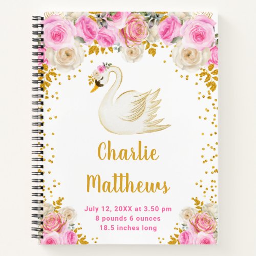 Swan Pink and Gold Roses Birth Statistics Notebook