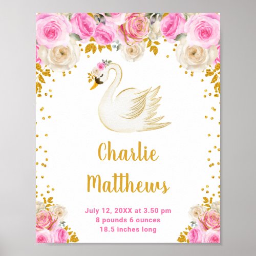 Swan Pink and Gold Roses Birth Statistics Poster