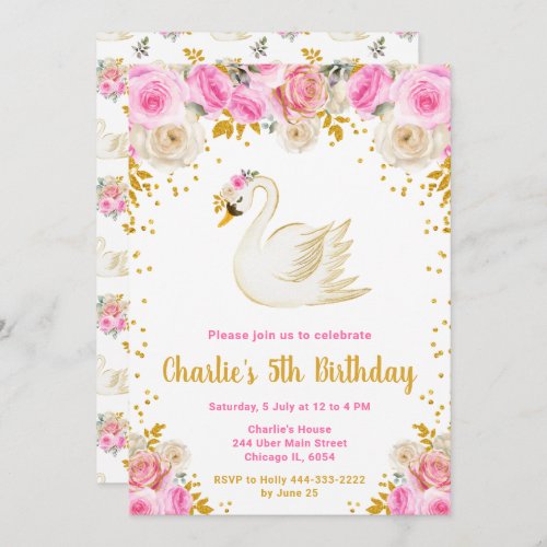 Swan Pink and Gold Roses Birthday Party Invitation
