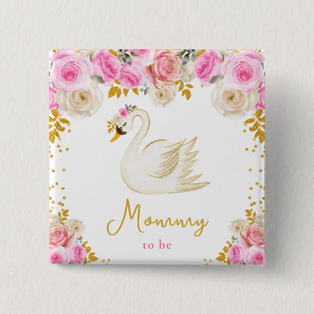 Swan Pink and Gold Roses Mommy To Be Button (Front)