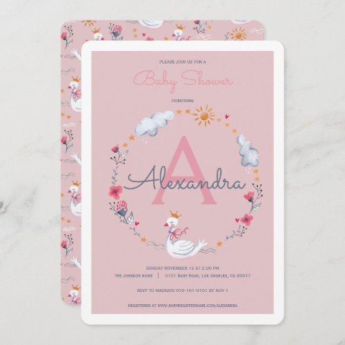 Swan pink baby shower invitation