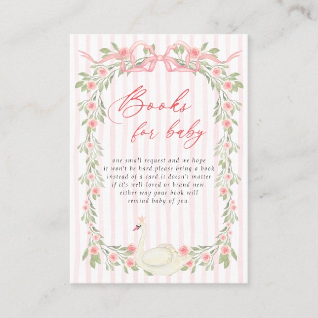 Swan Pink Bow Floral Baby Shower Books for Baby Enclosure Card (Front)