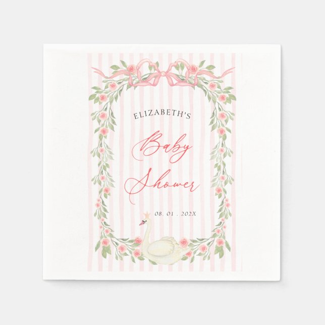 Swan Pink Bow Floral Baby Shower Napkins (Front)