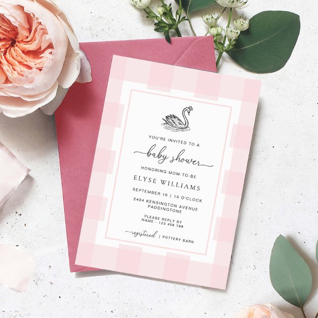 Swan Pink Gingham Baby Shower Invitation (Swan Baby Shower Invitation Pink Gingham)