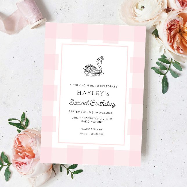 Swan Pink Gingham Birthday Invitation (Creator Uploaded)