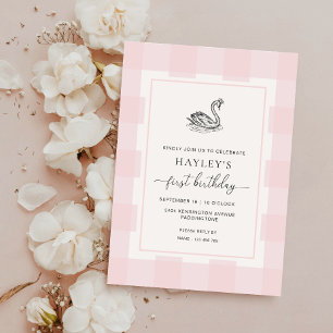 Swan Pink Gingham First Birthday Invitation