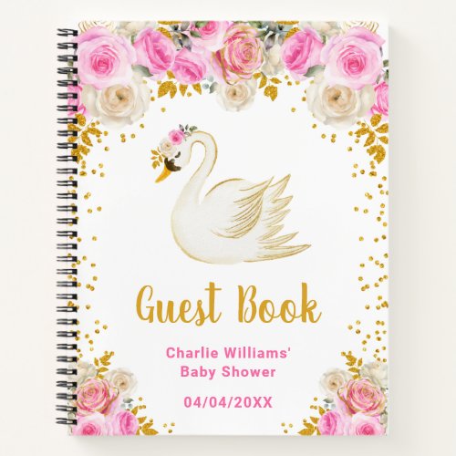 Swan Pink Gold Roses Baby Shower Guest Book