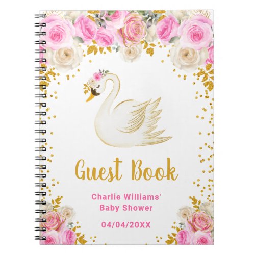 Swan Pink Gold Roses Baby Shower Guest Book