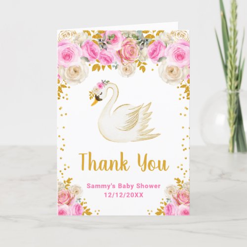 Swan Pink Gold Roses Baby Shower Thank You