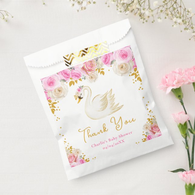Swan Pink Gold Roses Baby Shower Thank You Favor Bag (Sealed)
