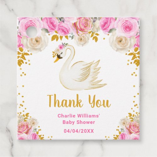 Swan Pink Gold Roses Baby Shower Thank You Favor Tags