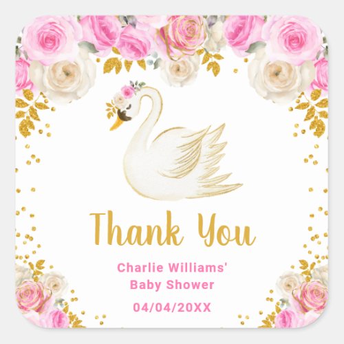 Swan Pink Gold Roses Baby Shower Thank You Square Sticker