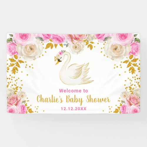 Swan Pink Gold Roses Baby Shower Welcome Banner