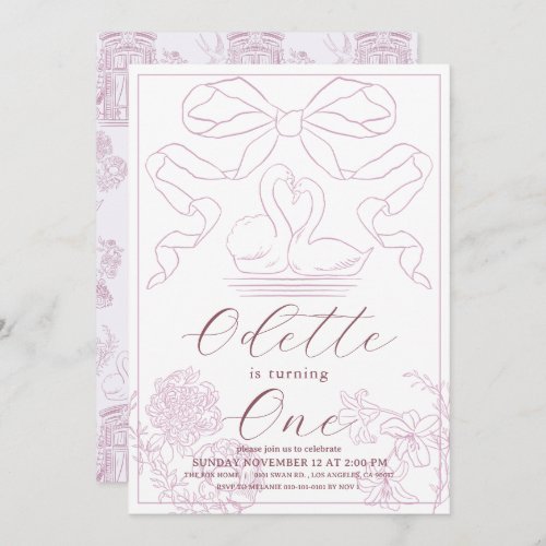 Swan Pink Toile de Jouy Girl 1st Birthday Invitation