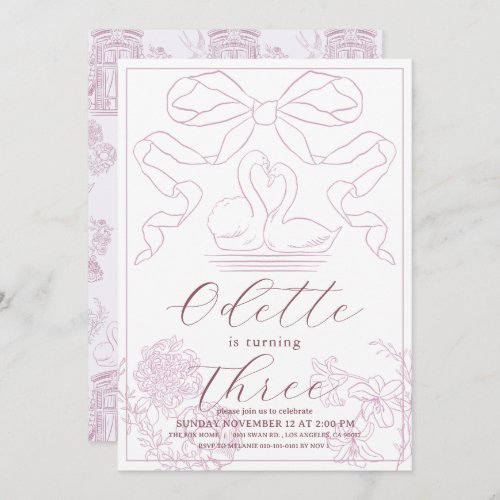 Swan Pink Toile de Jouy Girl Birthday Invitation