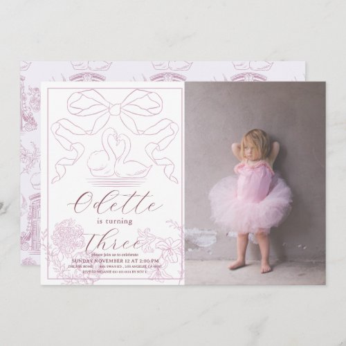 Swan Pink Toile de Jouy Girl Photo Birthday Invitation