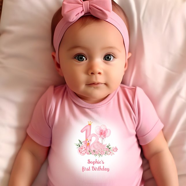 Swan Pink White Floral Name Girl 1st Birthday Baby T-Shirt (Swan Pink White Floral Name Girl 1st Birthday Baby T-Shirt)