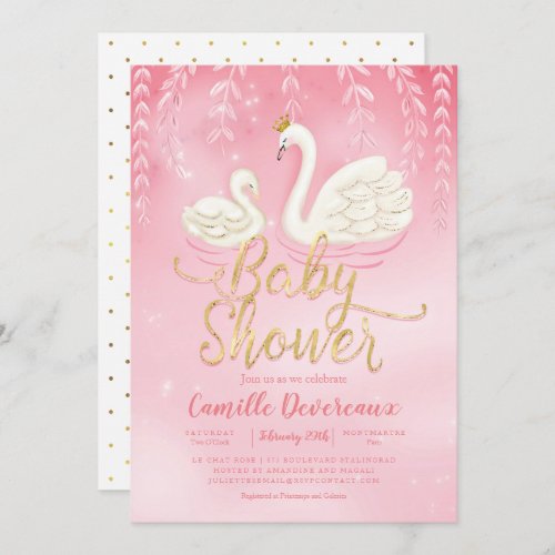 Swan Pond Gold Pink Baby Shower Invitation