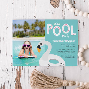 Swan Pool Float   Photo Kids Birthday Party Invitation