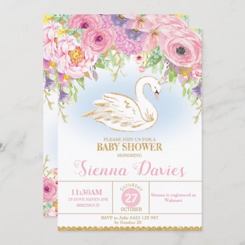Swan Princess Baby Shower Invitation Floral Girl