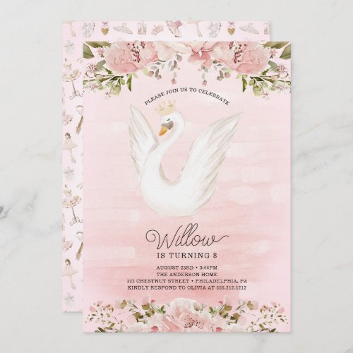 Swan Princess Ballerina Girl Birthday Party Invitation