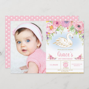 Swan Princess Birthday Floral Girl Photo Invitation