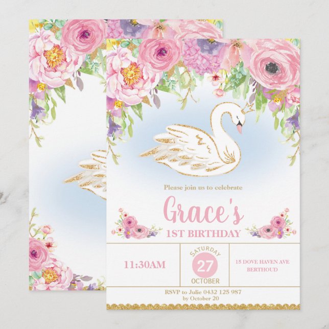 Swan Princess Birthday Invitation Floral Girl (Front/Back)