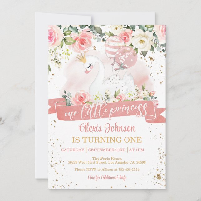Swan Princess Birthday Invitation with Balloons (Front)