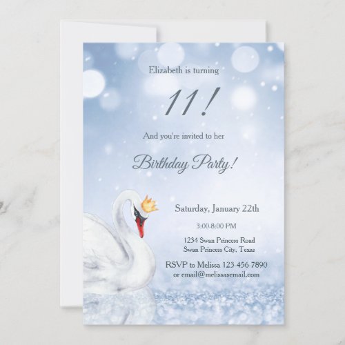 Swan Princess Blue Glitter Winter Girls Birthday Invitation