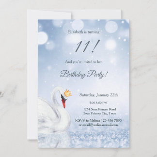 Swan Princess Blue Glitter Winter Girls Birthday Invitation
