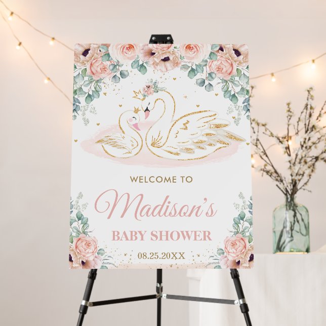 Swan Princess Blush Floral Baby Shower Welcome  Fo Foam Board (In Situ (Stand))