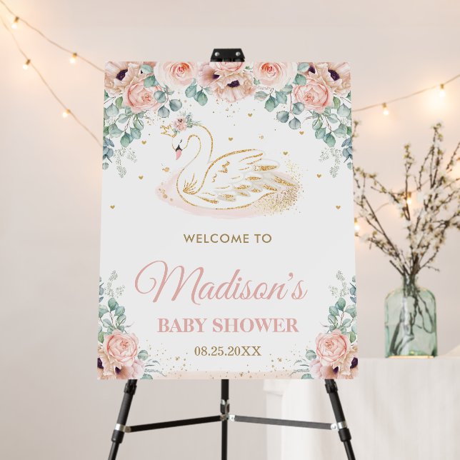 Swan Princess Blush Floral Baby Shower Welcome  Foam Board (In Situ (Stand))
