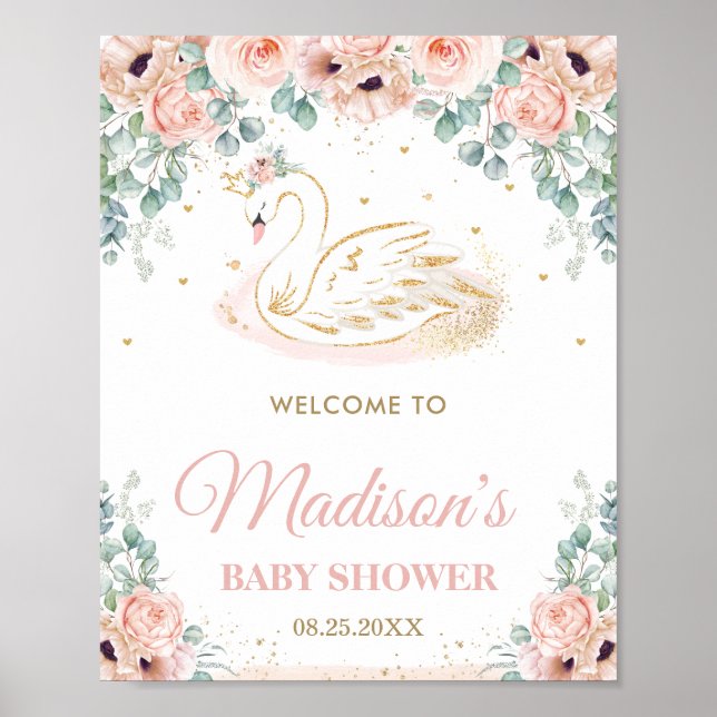 Swan Princess Blush Floral Baby Shower Welcome  Poster (Front)