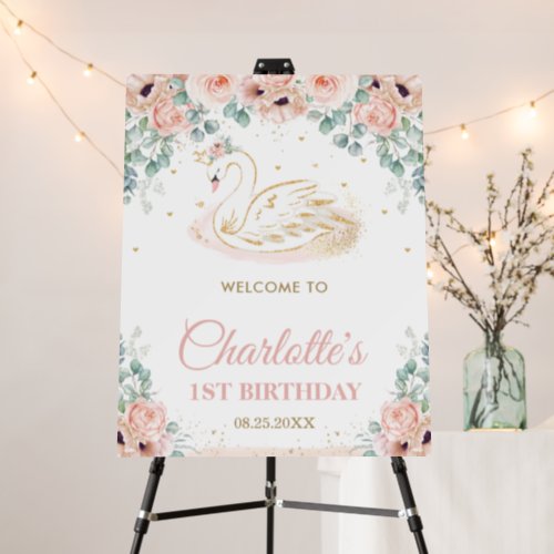 Swan Princess Blush Floral Birthday Party Welcome Foam Board