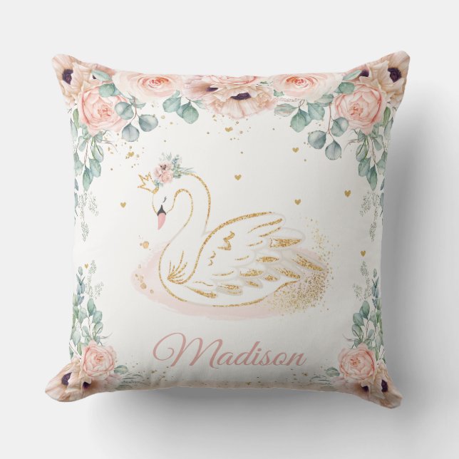 Swan Princess Blush Peach Pink Floral Greenery Throw Pillow (Front)
